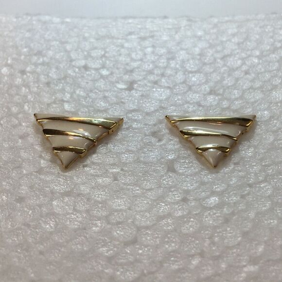 Vintage Coro Earrings Gold Tone White Enamel Triangle Studs Posts - Picture 6 of 12